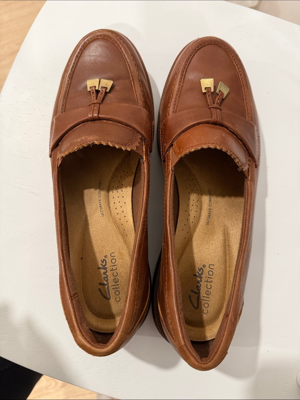 Clarks Tan Leather Tassel Penny Loafers